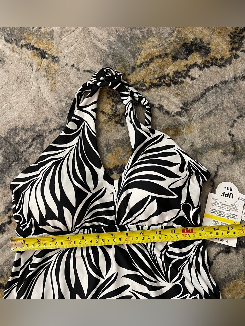 24th & Ocean Black & White Twist Halter Swimdress with Leaf Print - Picture 5 of 16